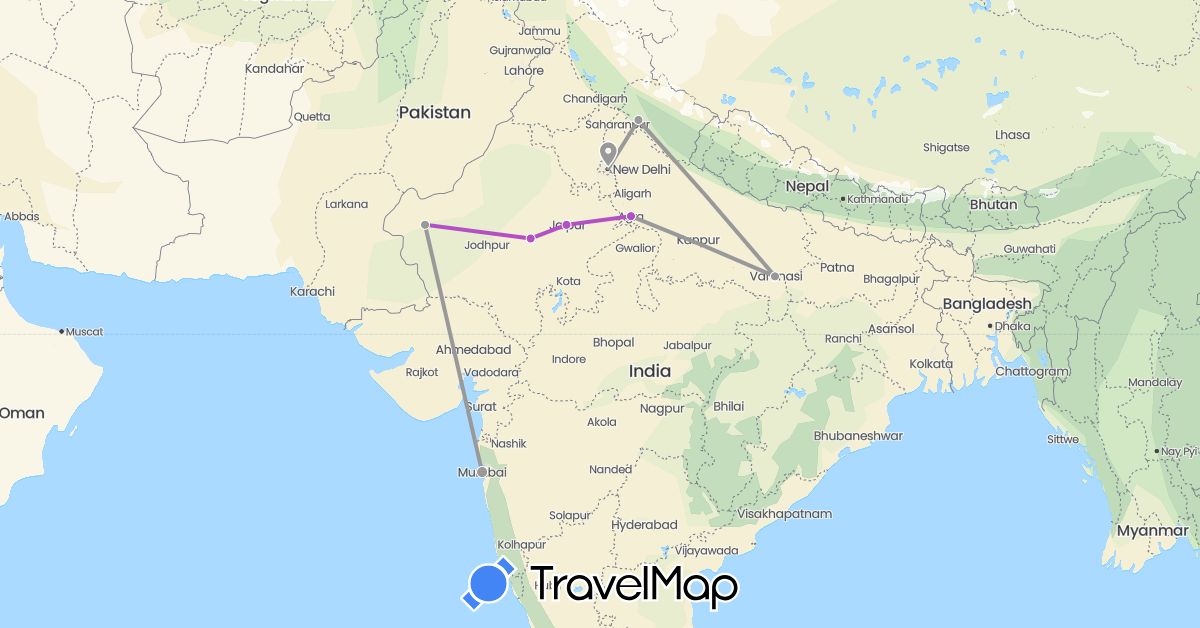 TravelMap itinerary: driving, plane, train in India (Asia)